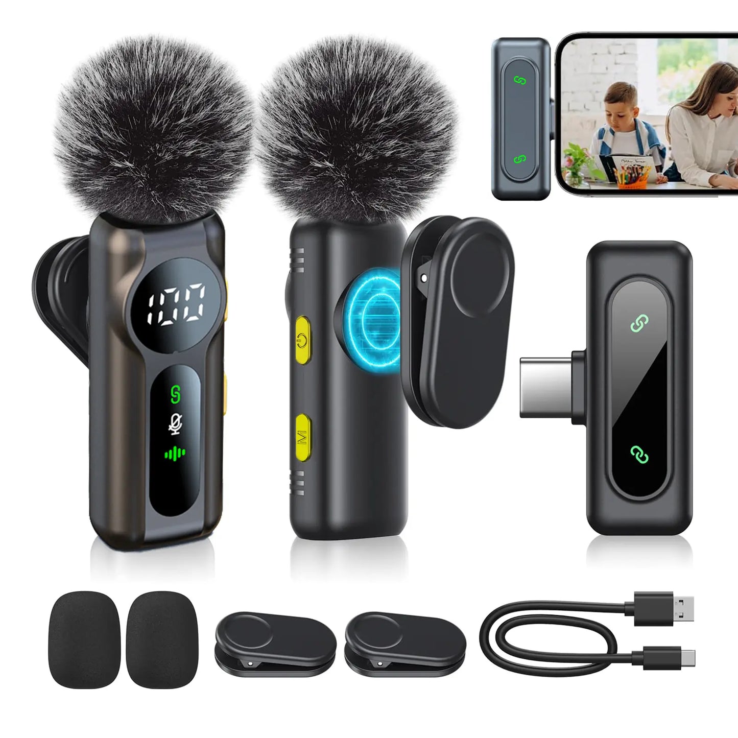 2 Pcs Wireless Lavalier Microphones for Iphone, Android, Ipad - Mini Wireless Clip-On Microphones Crystal Clear Sound Quality for Recording, Live Streaming,Vlog