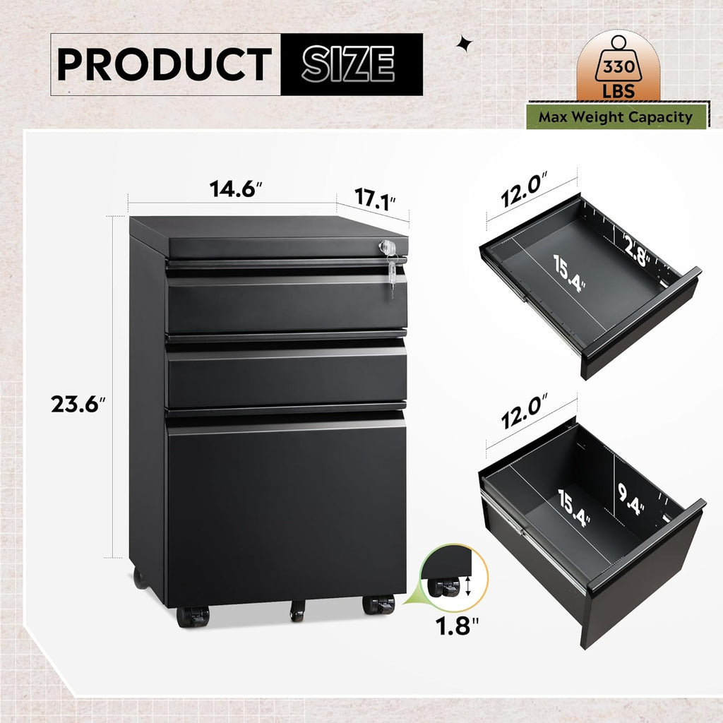 3 Drawer Mobile File Cabinet with Lock, Metal Filing Cabinet under Desk for Home Office, Fully Assembled except Casters, Fits Letter/Legal/A4 Size, Black