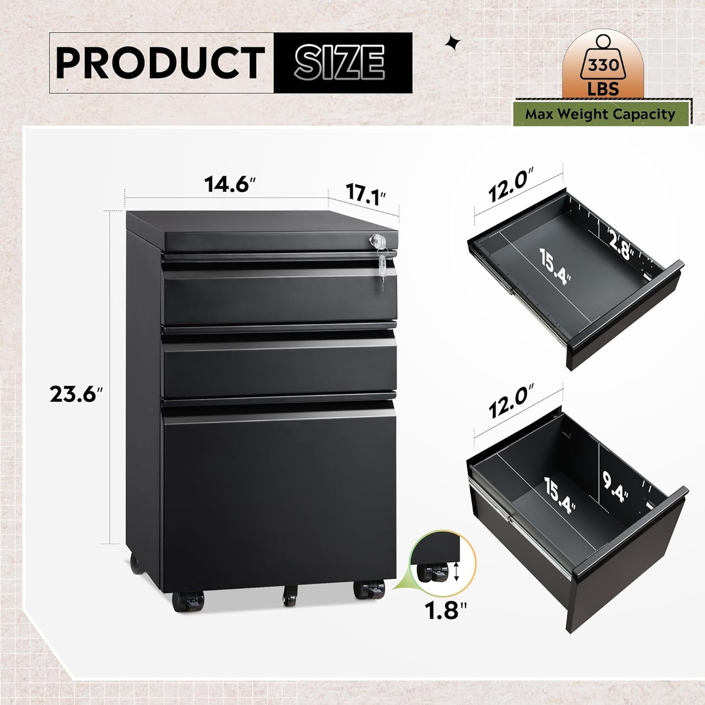 3 Drawer Mobile File Cabinet with Lock, Metal Filing Cabinet under Desk for Home Office, Fully Assembled except Casters, Fits Letter/Legal/A4 Size, Black