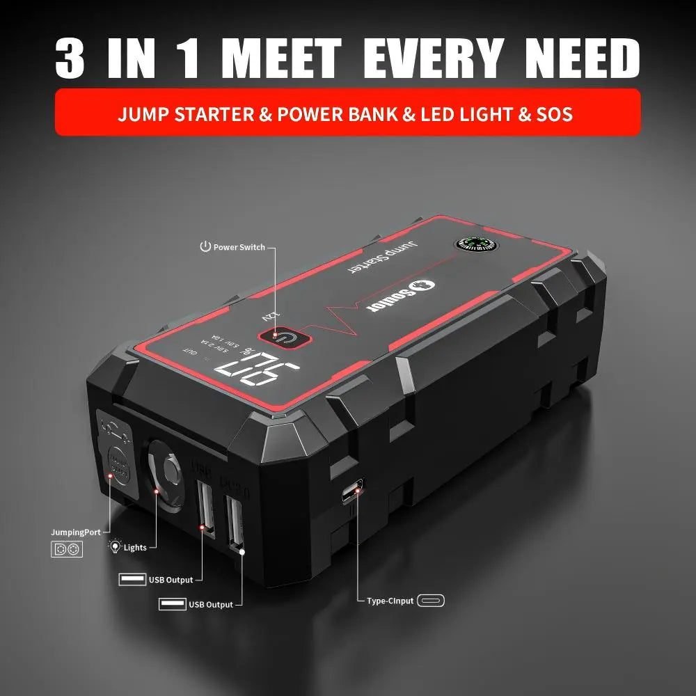 Soulor 8000Mah Portable Car Jump Starter 12V Battery Booster Power Bank with LED Emergency Light, LCD Display and Smart Jumper Cables for Cars Suvs Trucks