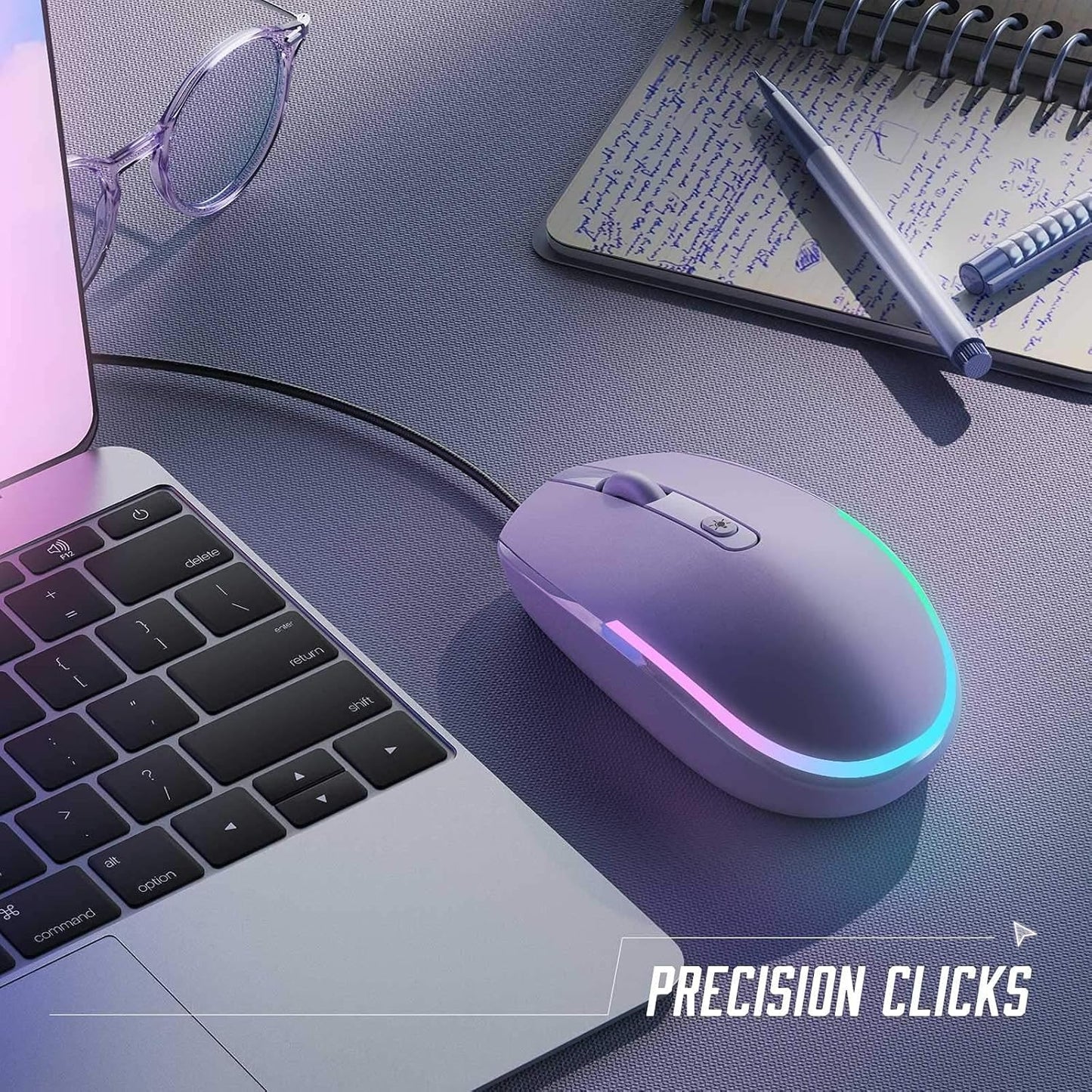 Wired Mouse - USB Computer Mice Wired with RGB Backlit Optical LED Mouse with Attached USB Cord for Laptops Notebooks Chromebook - Purple