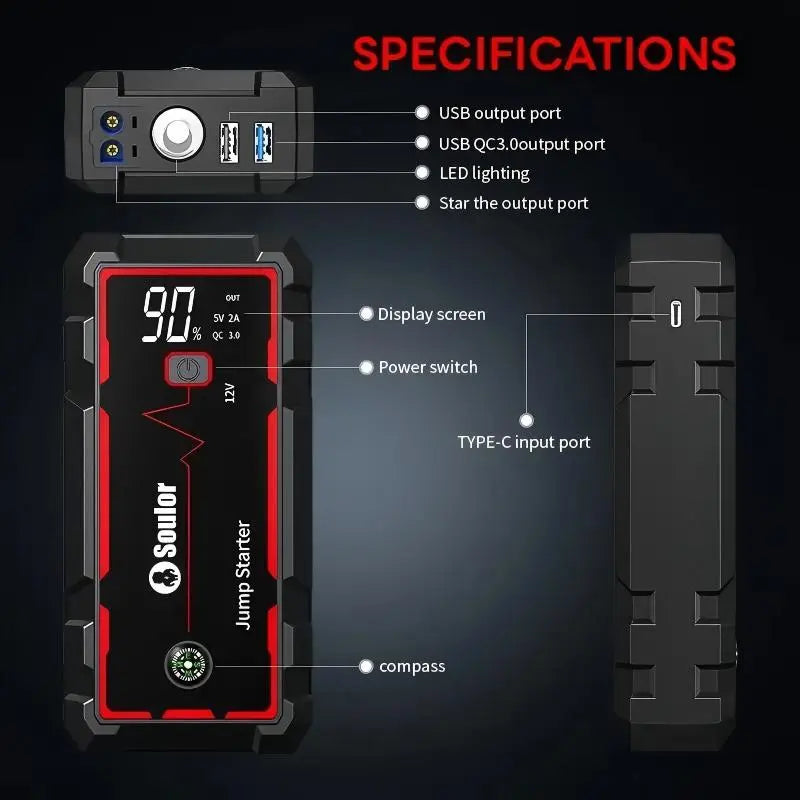 Soulor 8000Mah Portable Car Jump Starter 12V Battery Booster Power Bank with LED Emergency Light, LCD Display and Smart Jumper Cables for Cars Suvs Trucks