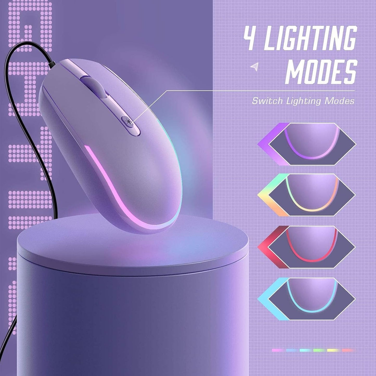 Wired Mouse - USB Computer Mice Wired with RGB Backlit Optical LED Mouse with Attached USB Cord for Laptops Notebooks Chromebook - Purple