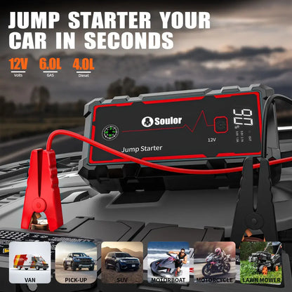 Soulor 8000Mah Portable Car Jump Starter 12V Battery Booster Power Bank with LED Emergency Light, LCD Display and Smart Jumper Cables for Cars Suvs Trucks