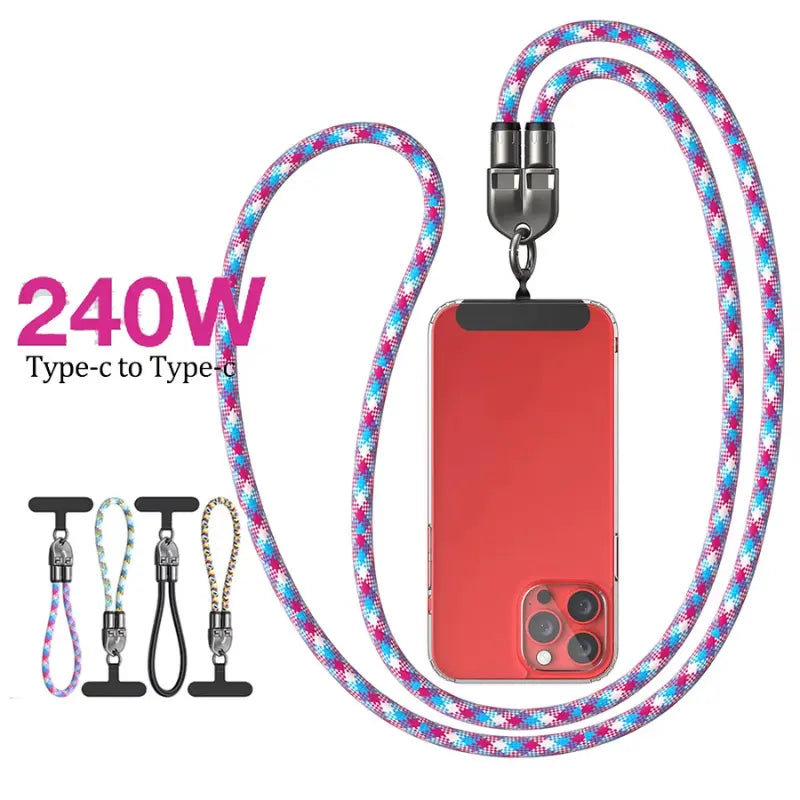 Joytutus 240W USB-C Fast Charging Phone Lanyard 7Mm Nylon Crossbody Wrist Strap for Iphone 16/15 Samsung Pixel Heavy-Duty Braided Cable 4Ft Length 3-In-1 Multifunctional Data Sync & Hands-Free Carry