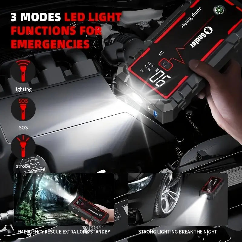 Soulor 8000Mah Portable Car Jump Starter 12V Battery Booster Power Bank with LED Emergency Light, LCD Display and Smart Jumper Cables for Cars Suvs Trucks