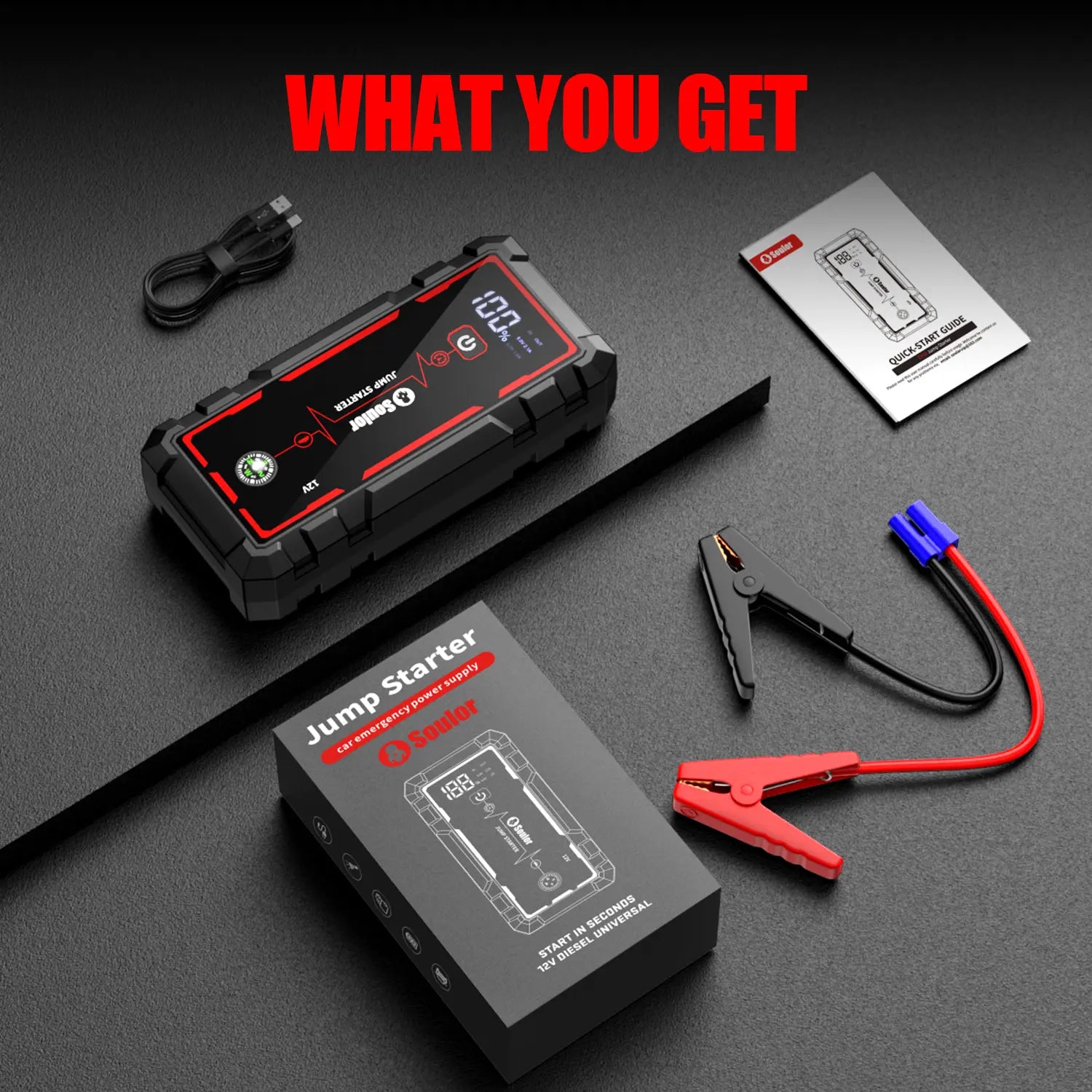 Soulor 8000Mah Portable Car Jump Starter 12V Battery Booster Power Bank with LED Emergency Light, LCD Display and Smart Jumper Cables for Cars Suvs Trucks