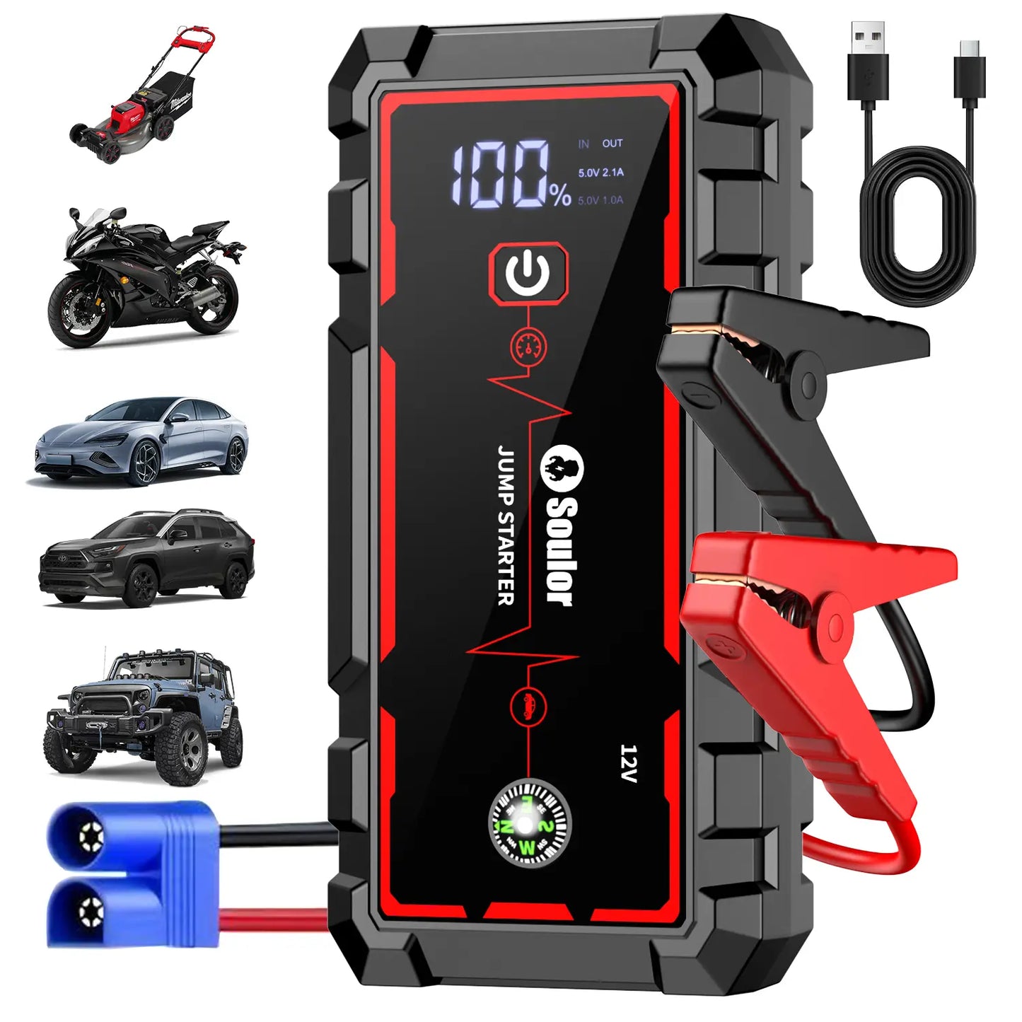 Soulor 8000Mah Portable Car Jump Starter 12V Battery Booster Power Bank with LED Emergency Light, LCD Display and Smart Jumper Cables for Cars Suvs Trucks