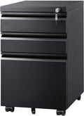 3 Drawer Mobile File Cabinet with Lock, Metal Filing Cabinet under Desk for Home Office, Fully Assembled except Casters, Fits Letter/Legal/A4 Size, Black