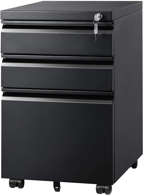 3 Drawer Mobile File Cabinet with Lock, Metal Filing Cabinet under Desk for Home Office, Fully Assembled except Casters, Fits Letter/Legal/A4 Size, Black