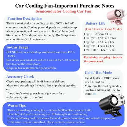 JOYTUTUS Semiconductor Cooling Clip-On Fan - Portable Clip Fan, Car Accessories, 360° Rotatable, 100-Speed Adjustable, USB Rechargeable, 3000Mah 20Hr Battery, LED Display, Cool Tech Gadget, Cars Accessories
