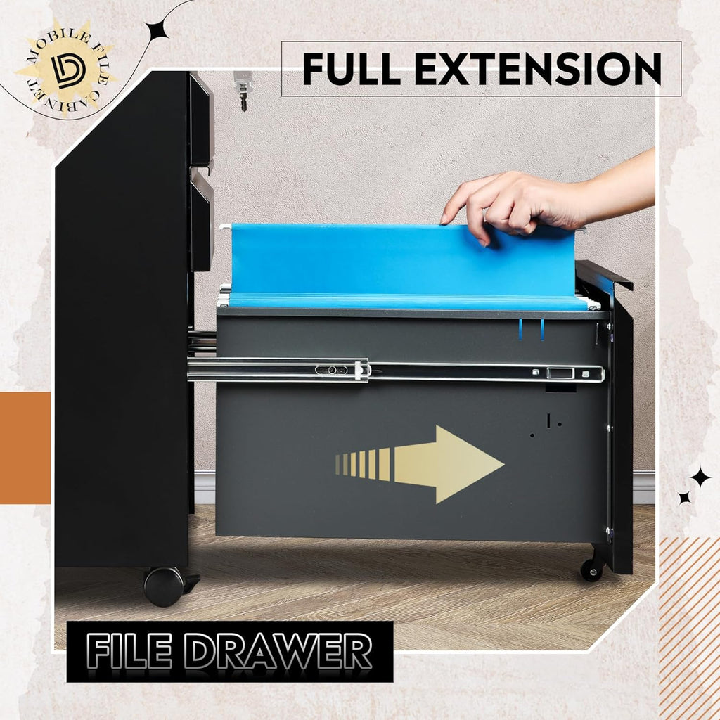 3 Drawer Mobile File Cabinet with Lock, Metal Filing Cabinet under Desk for Home Office, Fully Assembled except Casters, Fits Letter/Legal/A4 Size, Black